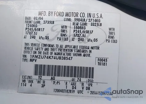 2004 Ford Explorer Eddie Bauer z USA, uszkodzony, nr VIN 1FMZU74K74UB38547